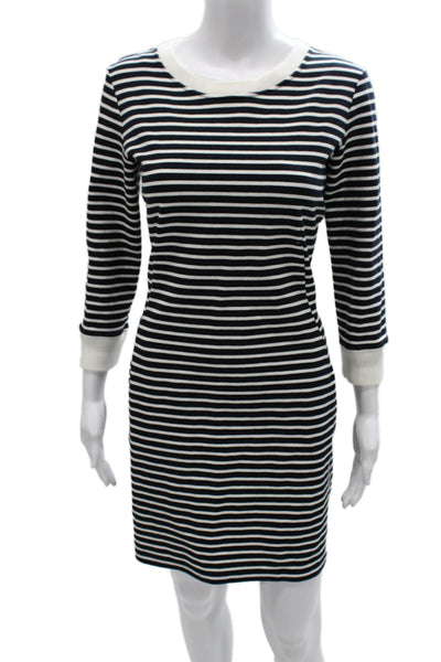 Theory Women Black Striped Sheath Dress 3/4 Sleeve Round Neck Zip Size 8