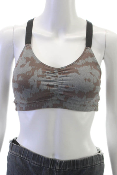 Beyond Yoga Womens V Neck Ruched Abstract Sports Bra Gray Brown Size Small