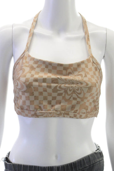 Beyond Yoga Womens Square Neck Checkered Floral Sports Bra Brown Size Medium