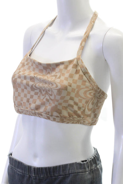 Beyond Yoga Womens Square Neck Checkered Floral Sports Bra Brown Size Medium