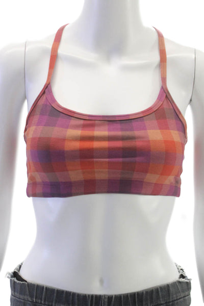 Beyond Yoga Womens Scoop Neck Plaid Sports Bra Orange Purple Size Small
