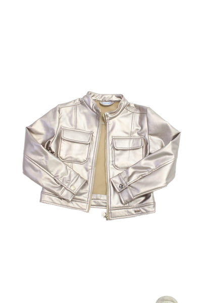 Mayoral Girls Front Zip Crew Neck Metallic Faux Leather Jacket Brown Size 6