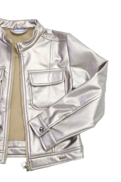 Mayoral Girls Front Zip Crew Neck Metallic Faux Leather Jacket Brown Size 6