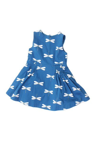 Jacadi Girls Back Zip Sleeveless Crew Neck Dragonfly Dress Blue White Size 2