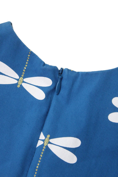 Jacadi Girls Back Zip Sleeveless Crew Neck Dragonfly Dress Blue White Size 2