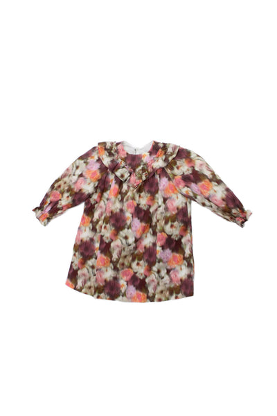 Bonpoint Girls Long Sleeve Ruffled Trim Floral Dress Burgundy Brown Pink Size 2