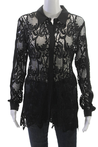Madison Marcus Women Black Lace Floral Collared Long Sleeve Tunic Blouse Size M