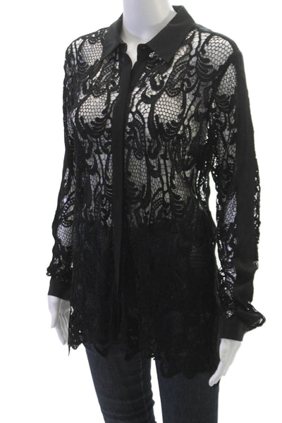 Madison Marcus Women Black Lace Floral Collared Long Sleeve Tunic Blouse Size M