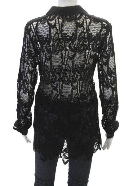 Madison Marcus Women Black Lace Floral Collared Long Sleeve Tunic Blouse Size M
