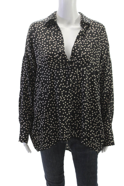 Vie Ta Vie Women Basic Polka Dot Collared Black Long Sleeve Blouse Size L