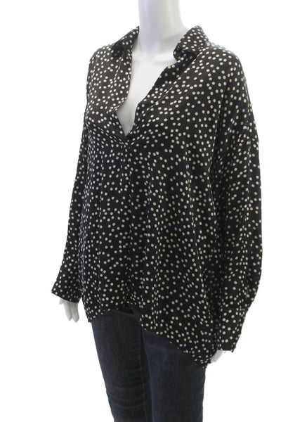 Vie Ta Vie Women Basic Polka Dot Collared Black Long Sleeve Blouse Size L