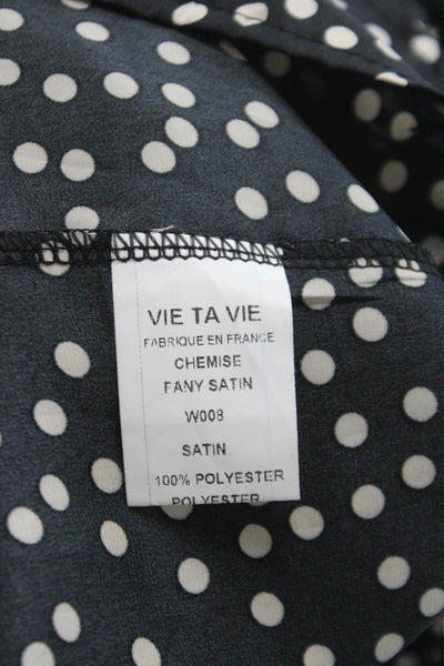 Vie Ta Vie Women Basic Polka Dot Collared Black Long Sleeve Blouse Size L