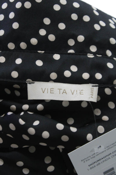 Vie Ta Vie Women Basic Polka Dot Collared Black Long Sleeve Blouse Size L