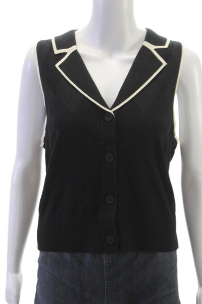 Central Park West Womens Vest Black V Neck Sleeveless Button Cotton Size L