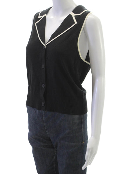 Central Park West Womens Vest Black V Neck Sleeveless Button Cotton Size L