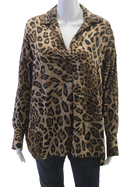 Vie Ta Vie Womens Beige Animal Print Collared Long Sleeve Basic Blouse Size L