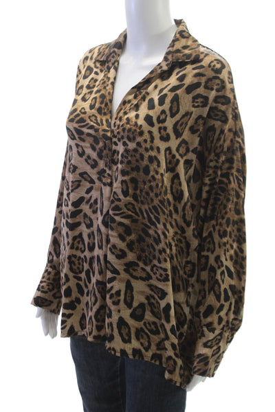 Vie Ta Vie Womens Beige Animal Print Collared Long Sleeve Basic Blouse Size L