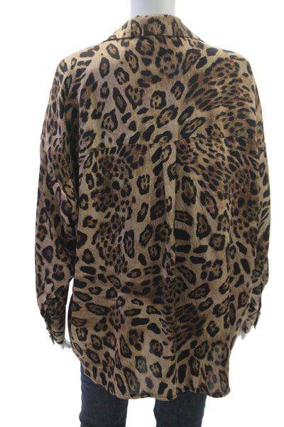 Vie Ta Vie Womens Beige Animal Print Collared Long Sleeve Basic Blouse Size L