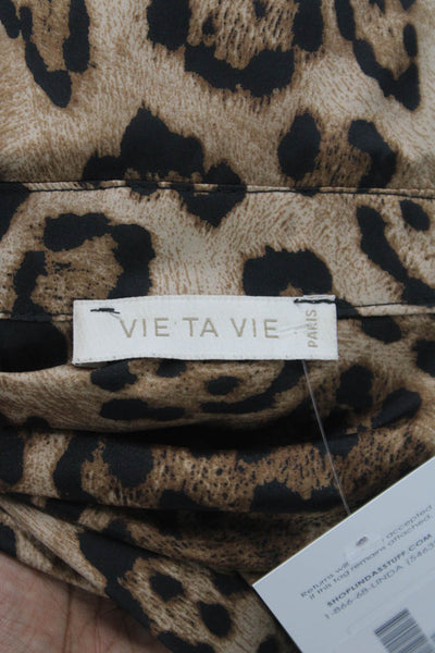 Vie Ta Vie Womens Beige Animal Print Collared Long Sleeve Basic Blouse Size L