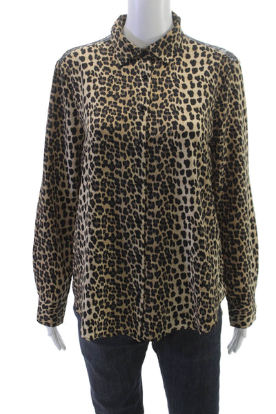 Zara Basic Women Beige Animal Print Collared Long Sleeve Button-Up Size L