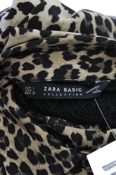 Zara Basic Women Beige Animal Print Collared Long Sleeve Button-Up Size L
