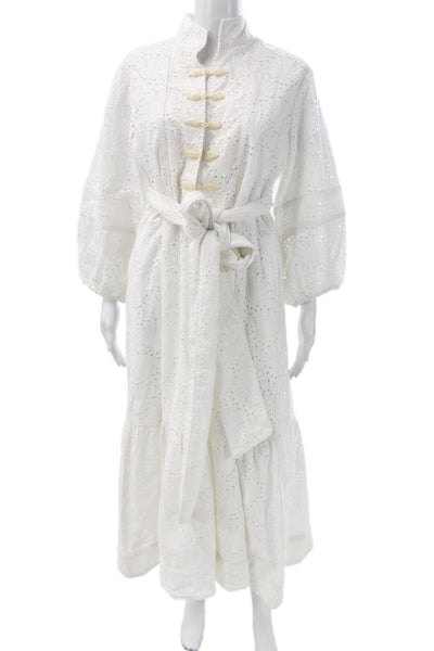 Sue Sartor Women White Floral Maxi Dress Long Sleeve High Neck Cotton Size L