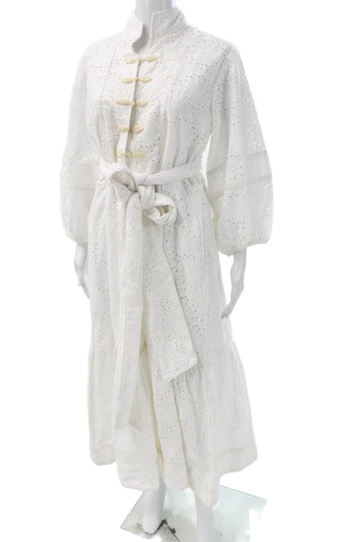 Sue Sartor Women White Floral Maxi Dress Long Sleeve High Neck Cotton Size L