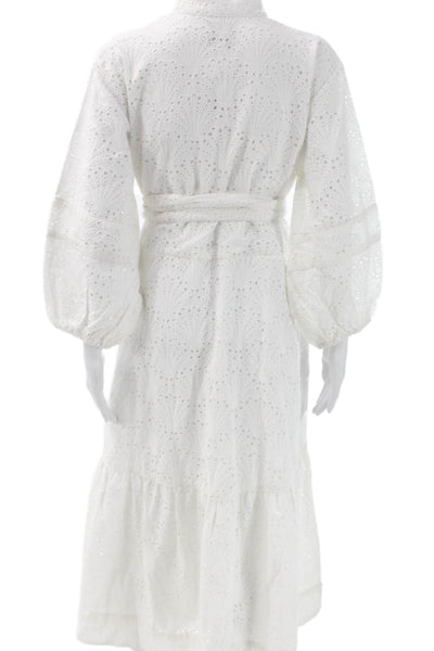 Sue Sartor Women White Floral Maxi Dress Long Sleeve High Neck Cotton Size L