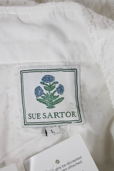 Sue Sartor Women White Floral Maxi Dress Long Sleeve High Neck Cotton Size L