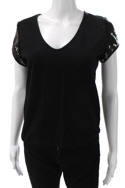 Leggiadro Women Basic V-Neck Short Sleeve Black T-Shirt Polyester Size L