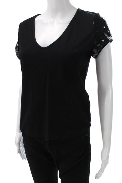 Leggiadro Women Basic V-Neck Short Sleeve Black T-Shirt Polyester Size L