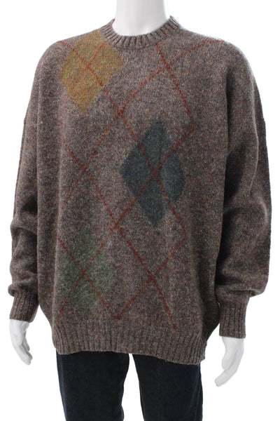Paul Stuart Mens Brown Wool Argyle Pullover Sweater Crewneck Size XL