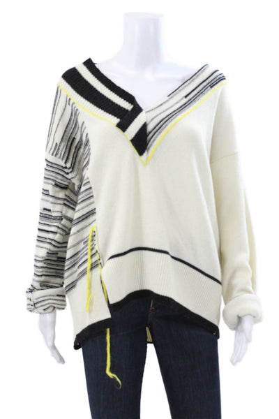 Phisique Du Role Women Merino V-Neck Striped Pullover Sweater White Size 2