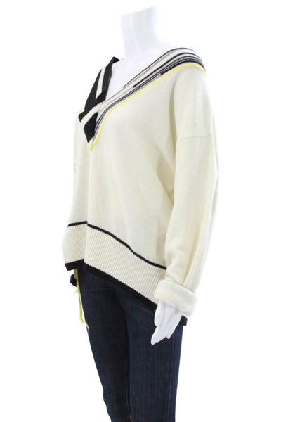 Phisique Du Role Women Merino V-Neck Striped Pullover Sweater White Size 2