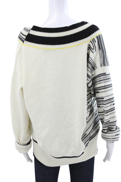Phisique Du Role Women Merino V-Neck Striped Pullover Sweater White Size 2