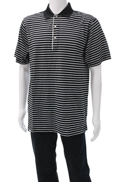 Peter Millar Mens Striped Cotton Polo Collared Short Sleeve Black Size M