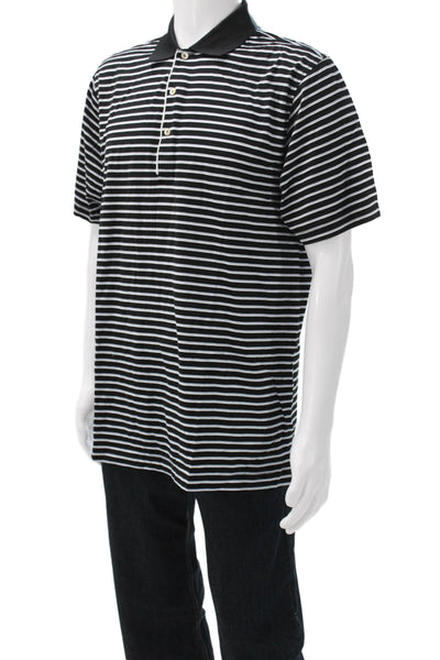 Peter Millar Mens Striped Cotton Polo Collared Short Sleeve Black Size M