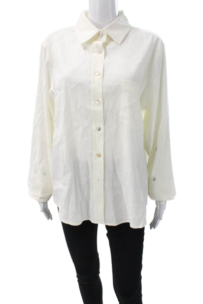 Estelle & Finn Women Ivory Linen Collared Button Up Long Sleeve Top Size L