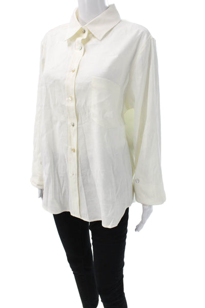 Estelle & Finn Women Ivory Linen Collared Button Up Long Sleeve Top Size L