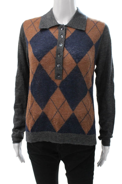Zara Womens Henley Sweater Brown Argyle Collared Polyamide Size M