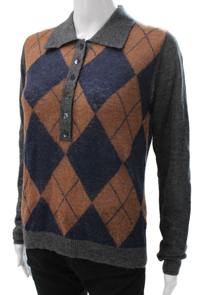 Zara Womens Henley Sweater Brown Argyle Collared Polyamide Size M
