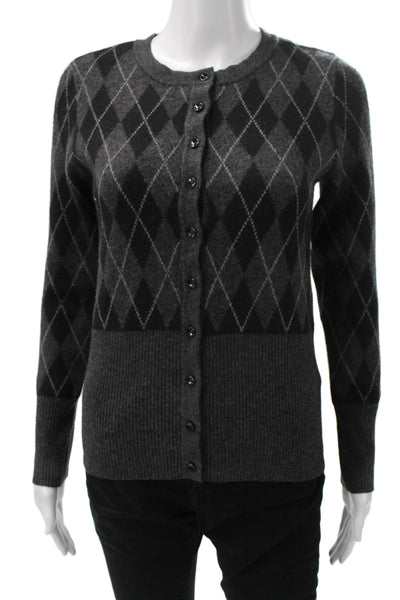 Zara Womens Gray Argyle Cardigan Round Neck Polyester Long Sleeve Size S