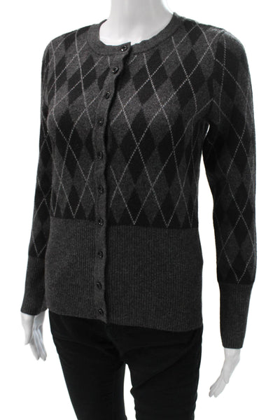 Zara Womens Gray Argyle Cardigan Round Neck Polyester Long Sleeve Size S