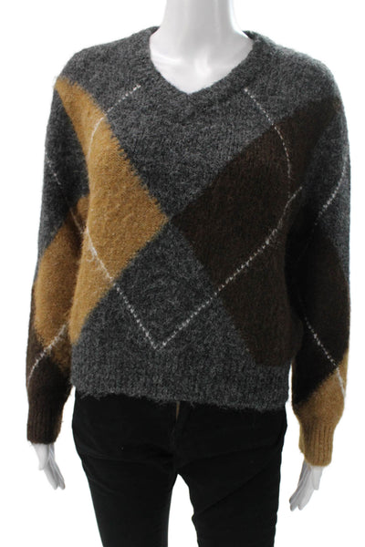 Zara Womens Pullover Sweater V Neck Argyle Gray Long Sleeve Size S