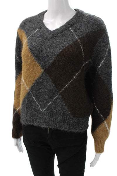Zara Womens Pullover Sweater V Neck Argyle Gray Long Sleeve Size S
