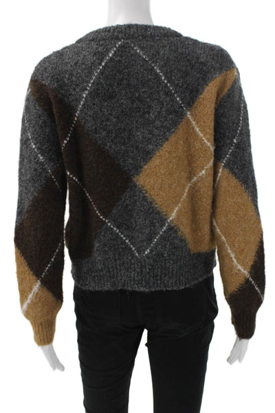 Zara Womens Pullover Sweater V Neck Argyle Gray Long Sleeve Size S