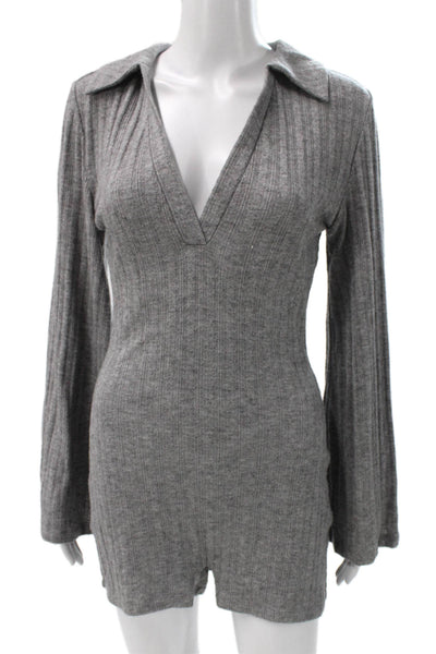 L Academie Women Gray Rayon Collared Long Sleeve Romper Zip Size S