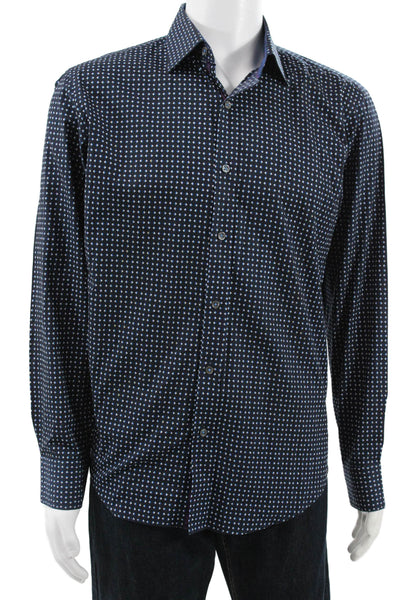 Bugatchi Mens Cotton Geometric Print Button Up Shirt Navy Size L