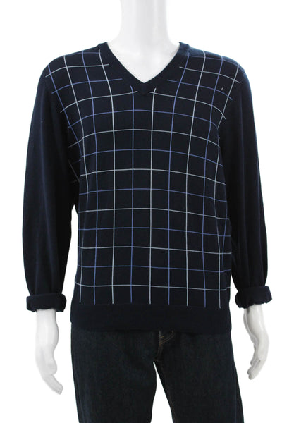 Brooks Brothers Mens Pullover V-Neck Blue Check Silk Long Sleeve Size M