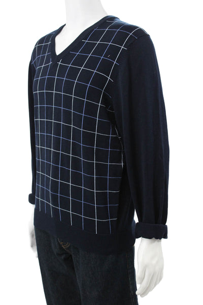 Brooks Brothers Mens Pullover V-Neck Blue Check Silk Long Sleeve Size M